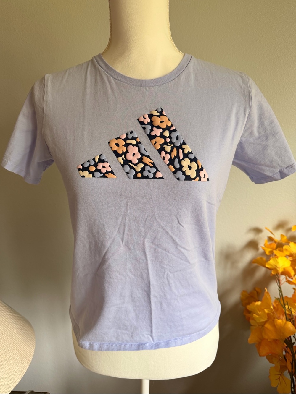adidas Lavender Short Sleeve Tee with Floral Trefoil